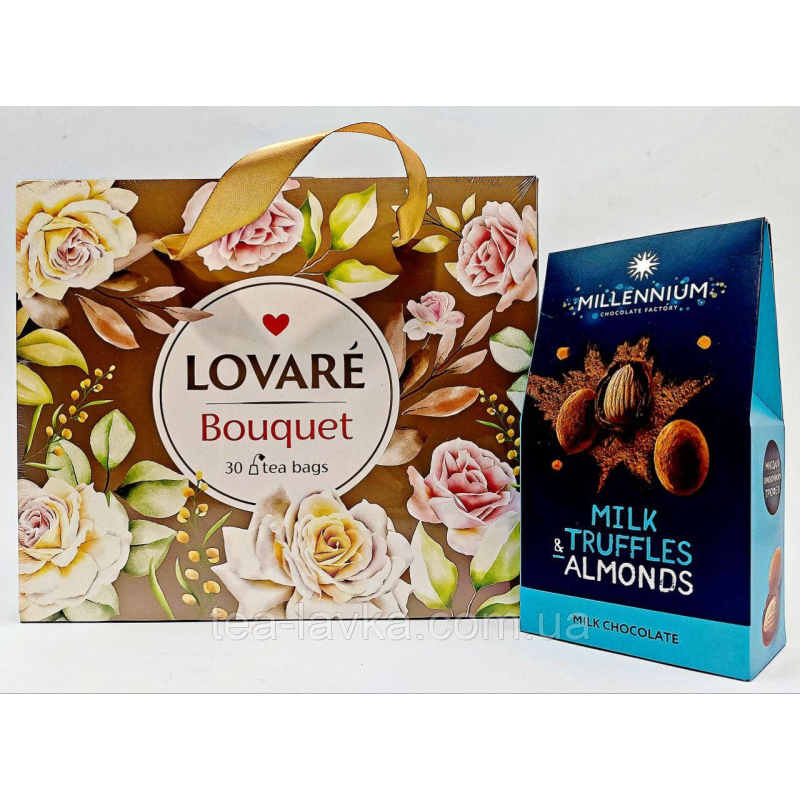 Подарунковий набір чай Ловаре Lovare Bouquet (6 видів по 5 шт) та цукерки Millennium «Молочний Truff» 100г