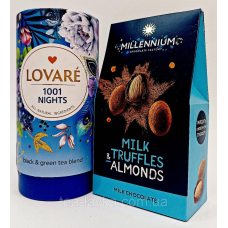 Подарунковий набір Чай Lovare 1001 Ніч 80 г у тубусі та цукерки Millennium Milk Truffles & Almonds 100г
