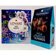 Подарунковий набір Чай Lovare 1001 Ніч 32 пак по 2г та цукерки Millennium Milk Truffles&Almonds 100г