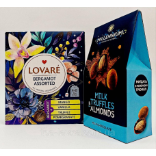 Подарунковий набір Чай Lovare Bergamot Assorted 32 пак по 2г та цукерки Millennium Milk Truffles&Almonds 100г