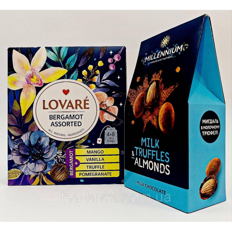 Подарунковий набір Чай Lovare Bergamot Assorted 32 пак по 2г та цукерки Millennium Milk Truffles&Almonds 100г