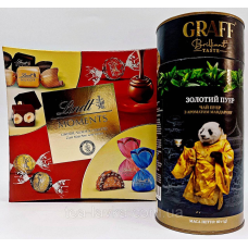 Подарунковий набір Чай Graff Золотий Пуер 80г (тубус) і цукерки Lindt Moments 223 г (Німеччина)