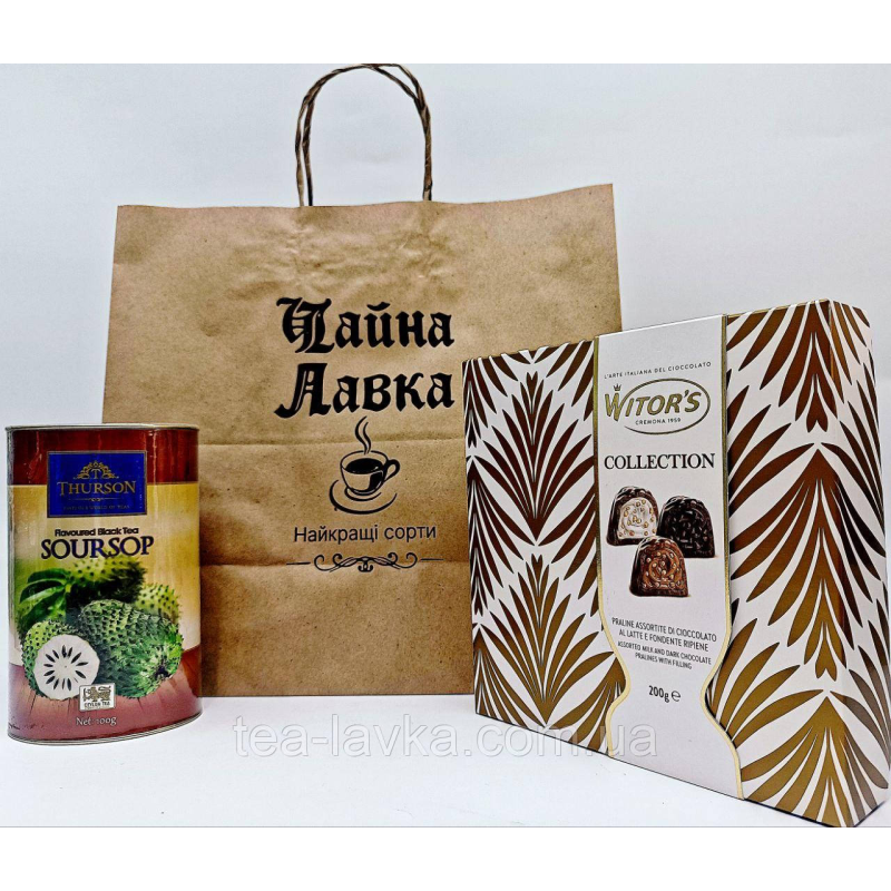 Подарунковий набір Чай чорний Thurson Soursop 100г (тубус) та цукерки Witor“s Collection 200 г (Італія)